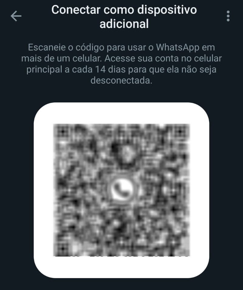 QR code gerado para incluir conta nova usada em outuro celular no whatsapp