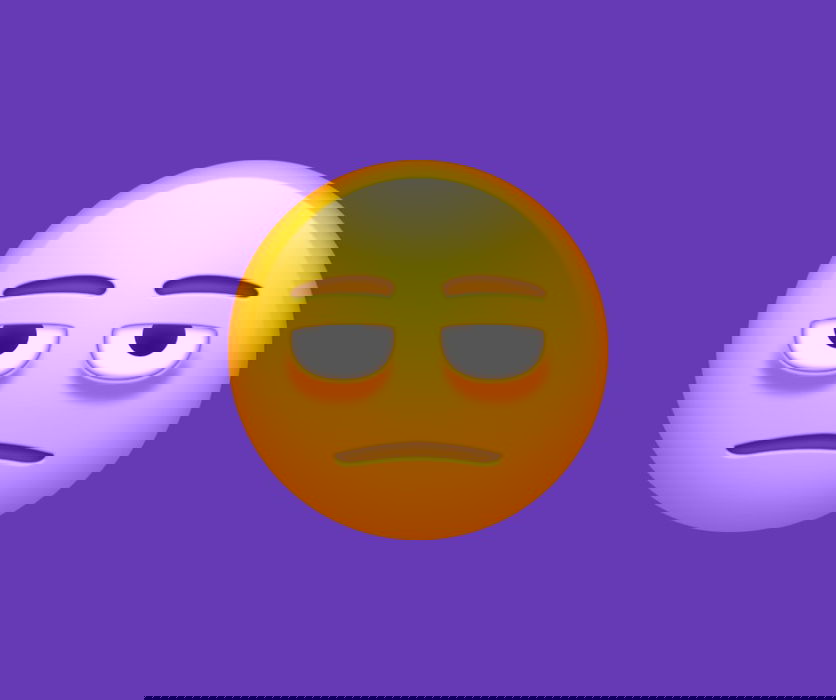 Simulação de emoji com olheiras em fundo roxo
