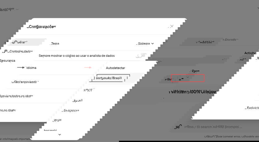 Como mudar o idioma do chatgpt para português pelo site